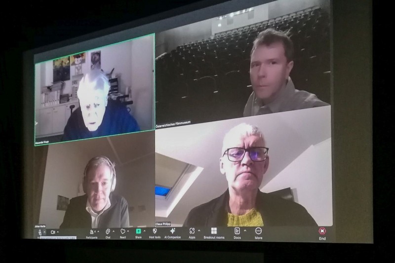 Zoom-Gespräch zwischen Alexander Kluge, Claus Philipp und Johan Hartle (Foto: ÖFM © Jurij Meden)