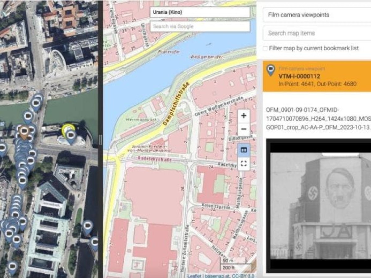 Vienna Time Machine - Stadtplan: Urania - Kamerastandorte - Amateuraufnahmen Wien, Frühjahr 1938 (Österreichisches Filmmuseum) (Ausschnitt)